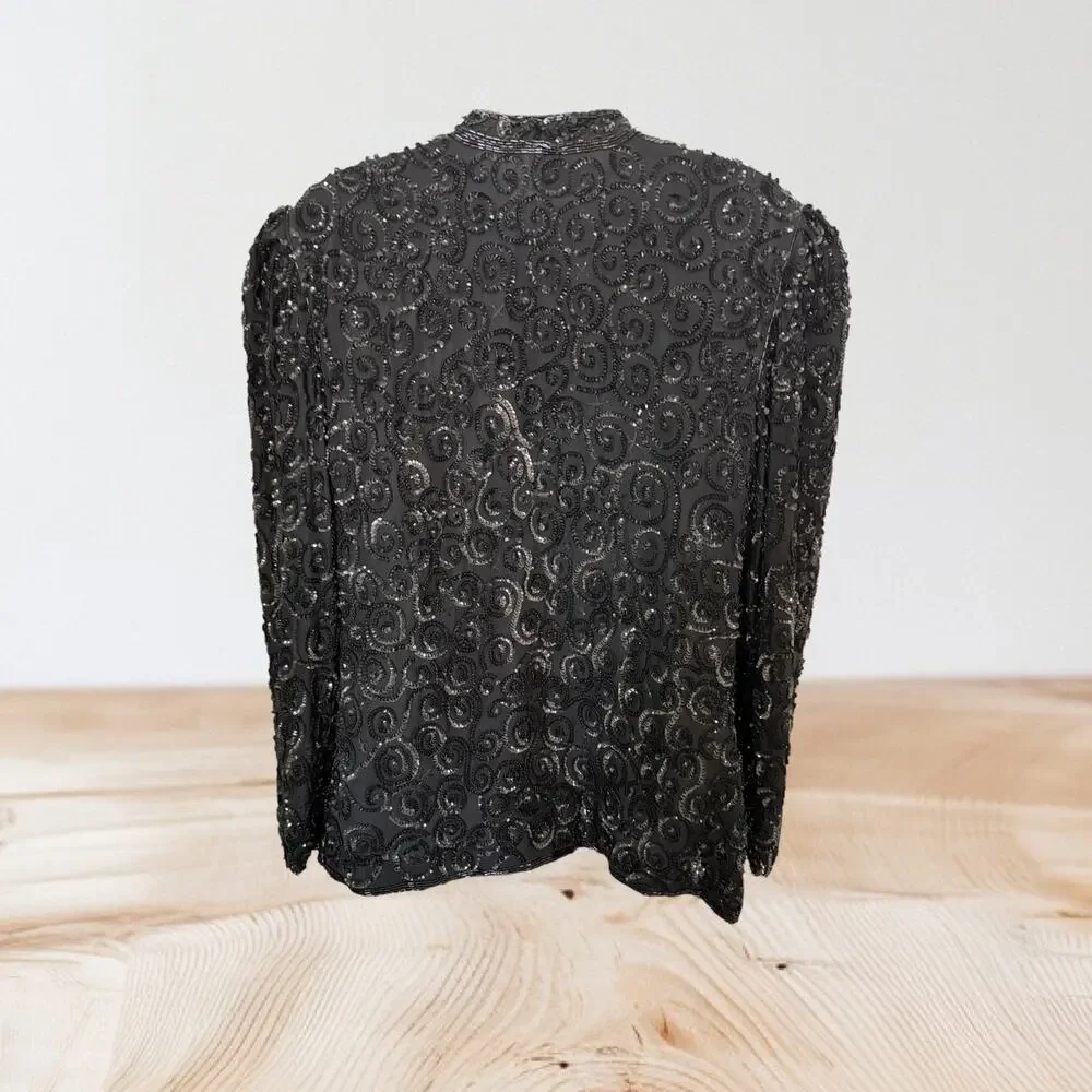 Vintage Nite Line 100% Silk Black Sequin Evening Jacket M